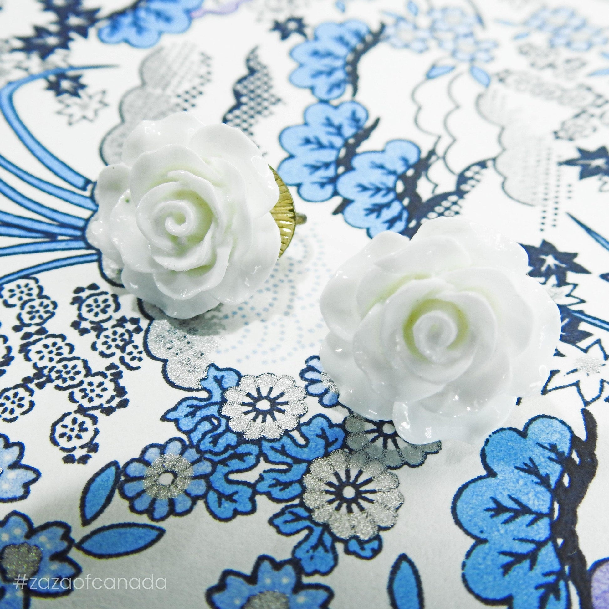 Vintage style white clip on earrings, flower earrings for non pierced ears