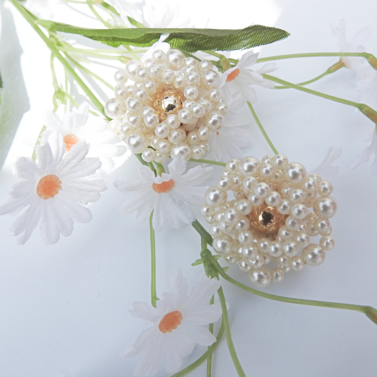Large pearl cluster clip on earrings, vintage, with faux pearls and old-fashioned charm. Great gift for mom, sister, grandma