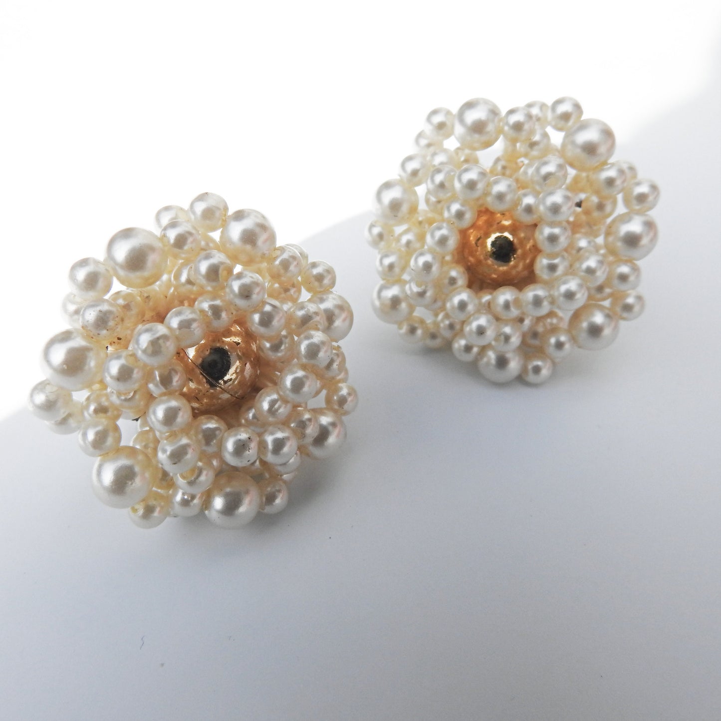 Large pearl cluster clip on earrings, vintage, with faux pearls and old-fashioned charm. Great gift for mom, sister, grandma