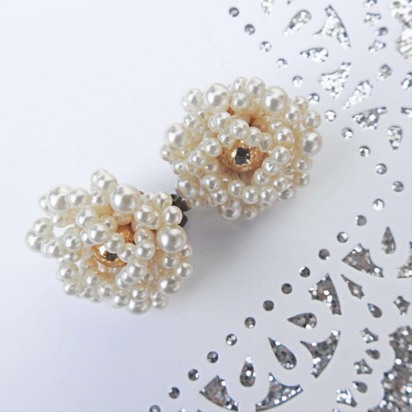 Large pearl cluster clip on earrings, vintage, with faux pearls and old-fashioned charm. Great gift for mom, sister, grandma