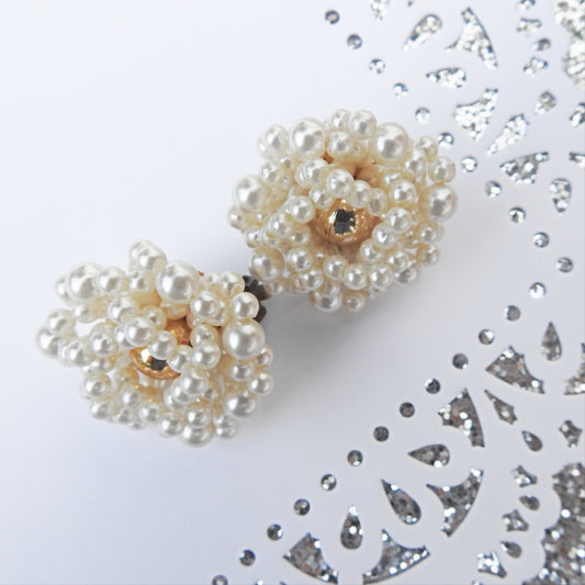 Large pearl cluster clip on earrings, vintage, with faux pearls and old-fashioned charm. Great gift for mom, sister, grandma
