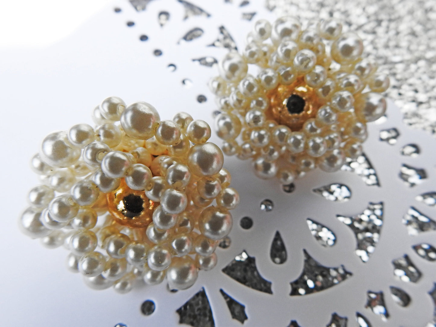 Large pearl cluster clip on earrings, vintage, with faux pearls and old-fashioned charm. Great gift for mom, sister, grandma