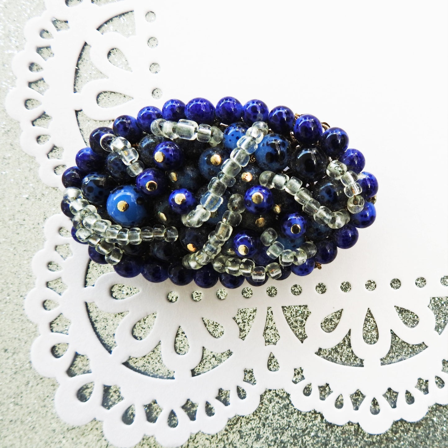 Blue vintage beaded brooch, oval shape. Timeless gift idea for brooches lovers. Unique Statement accessory piece for women. Artisan crafted