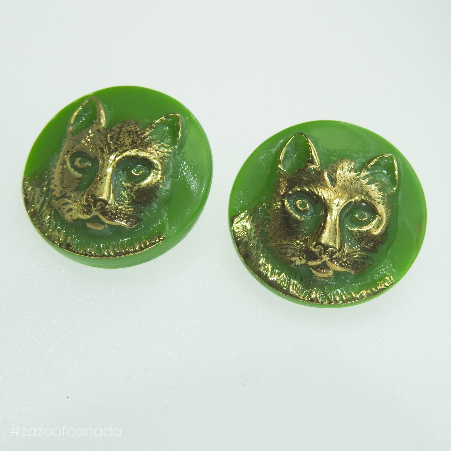 Green Czech Glass Buttons with Cat Design - Antique Style