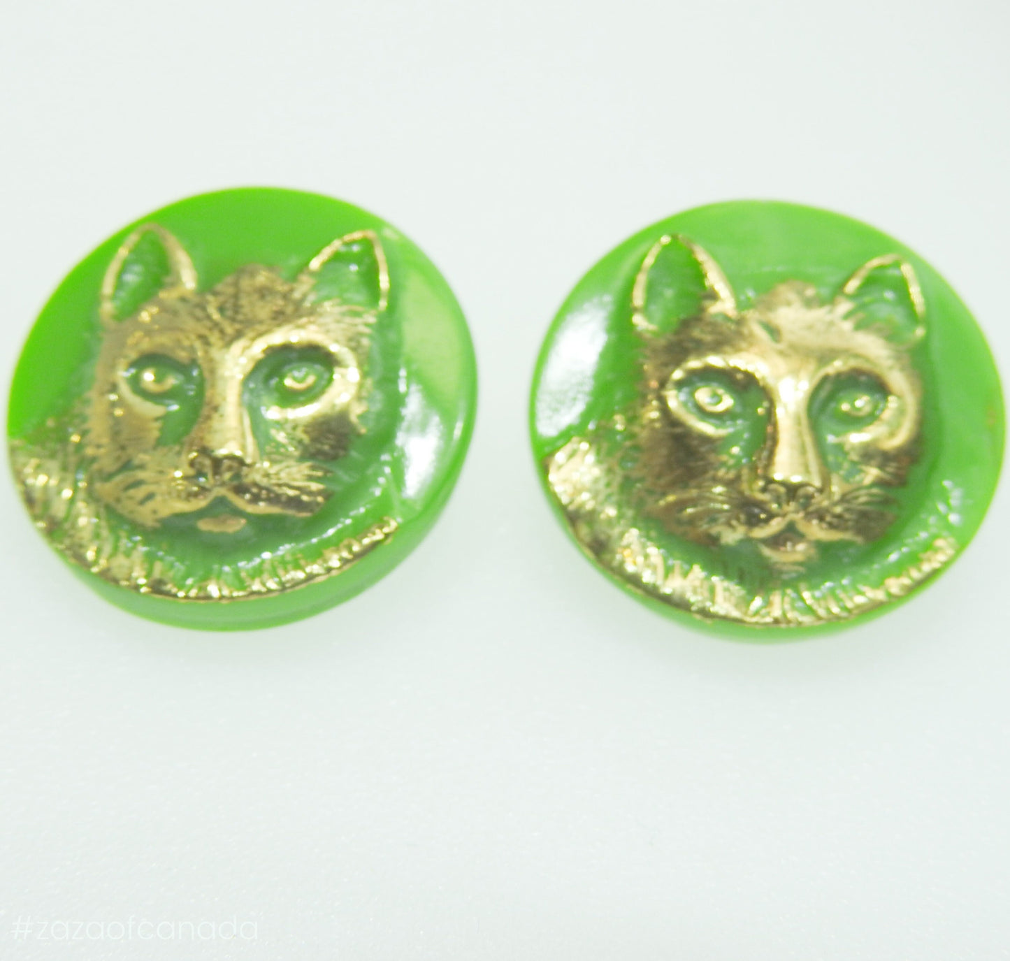 Green Czech Glass Buttons with Cat Design - Antique Style
