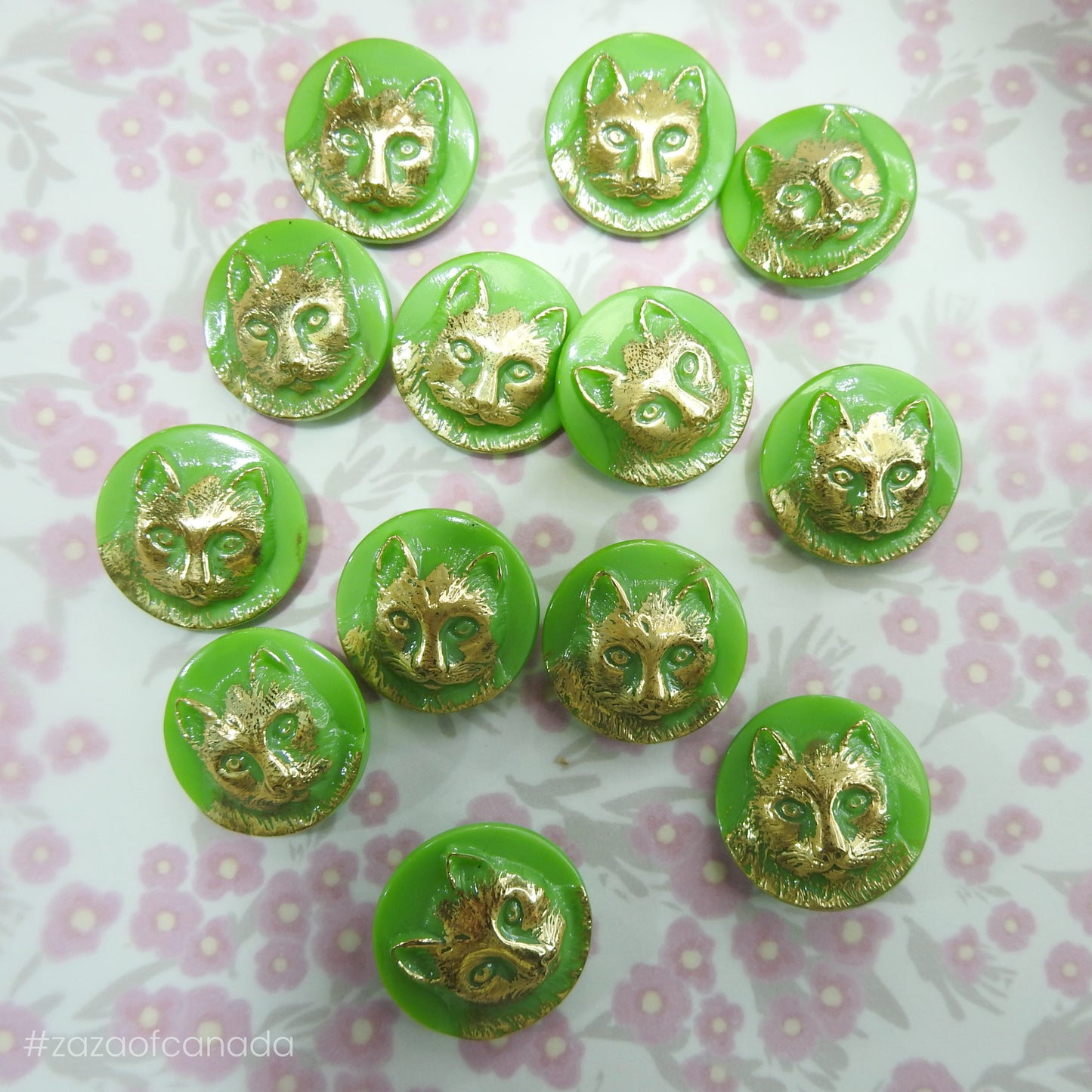 Green Czech Glass Buttons with Cat Design - Antique Style