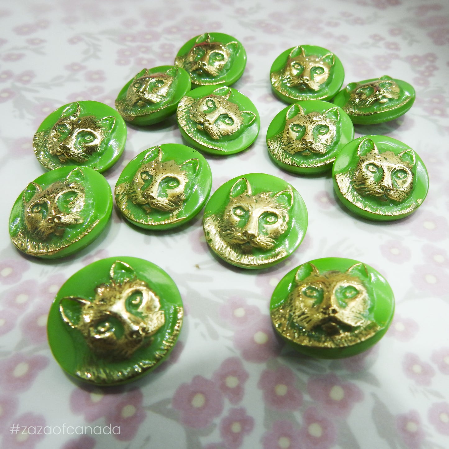 Green Czech Glass Buttons with Cat Design - Antique Style