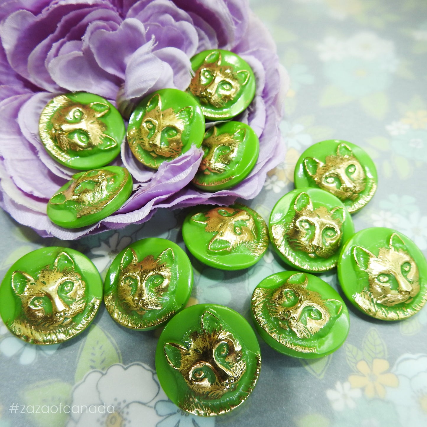 Green Czech Glass Buttons with Cat Design - Antique Style