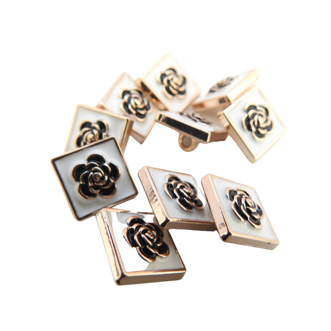 Set of 10 Decorative Camellia Buttons for sewing - Square, White, Black, with Shank (15mm) - Good for Button Earrings or Charm Bracelets