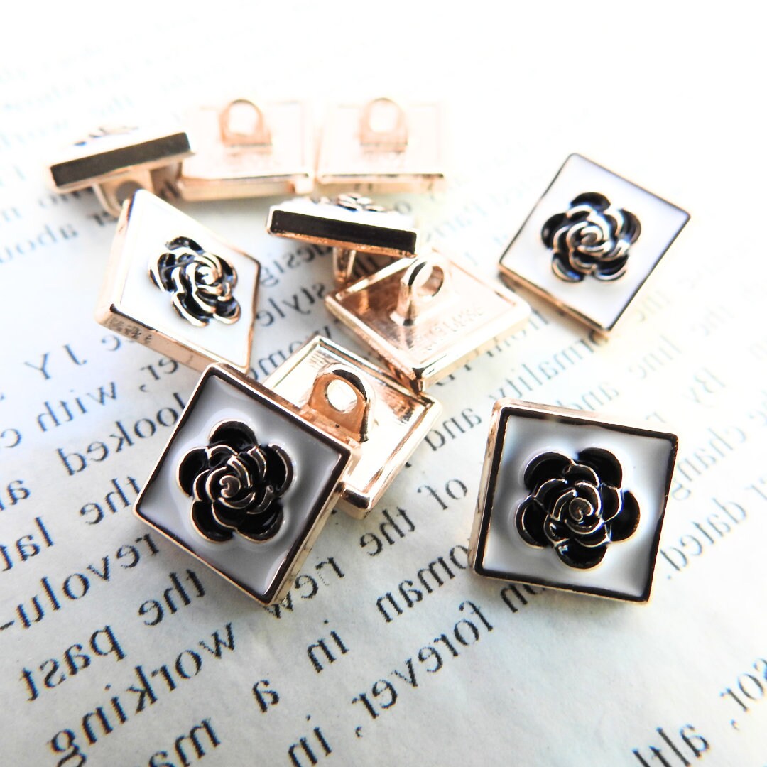 Set of 10 Decorative Camellia Buttons for sewing - Square, White, Black, with Shank (15mm) - Good for Button Earrings or Charm Bracelets