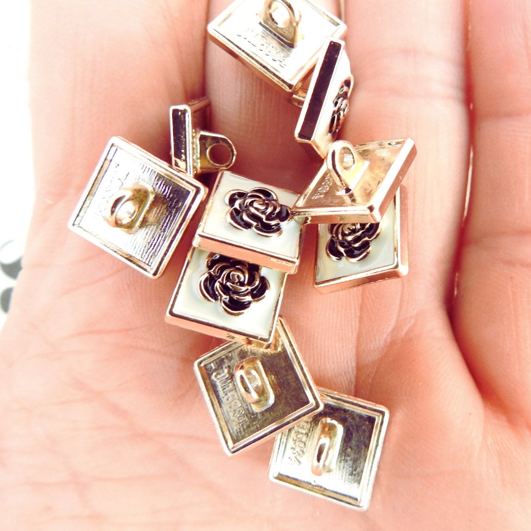 Set of 10 Decorative Camellia Buttons for sewing - Square, White, Black, with Shank (15mm) - Good for Button Earrings or Charm Bracelets