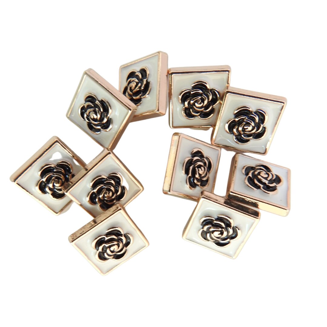 Set of 10 Decorative Camellia Buttons for sewing - Square, White, Black, with Shank (15mm) - Good for Button Earrings or Charm Bracelets