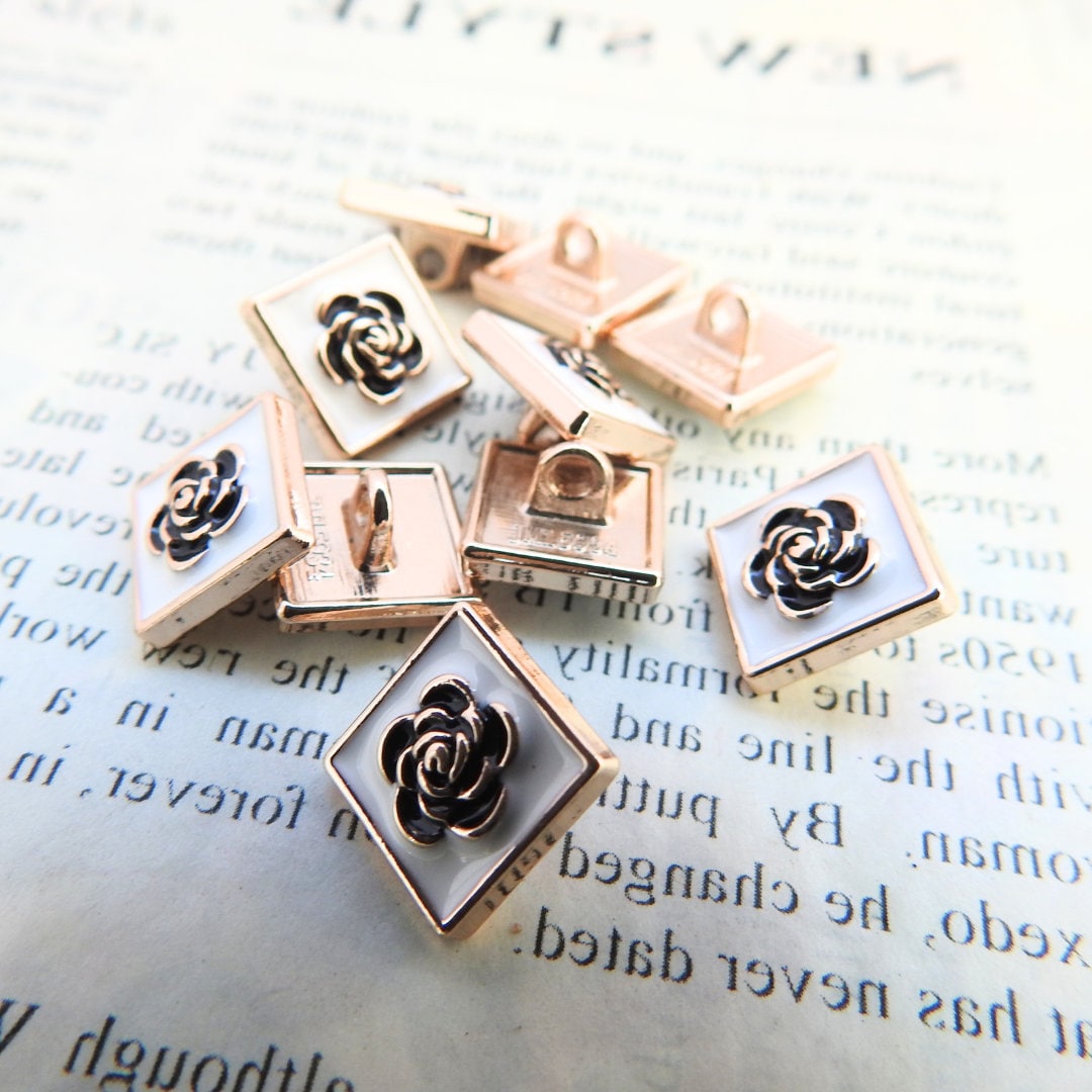 Set of 10 Decorative Camellia Buttons for sewing - Square, White, Black, with Shank (15mm) - Good for Button Earrings or Charm Bracelets