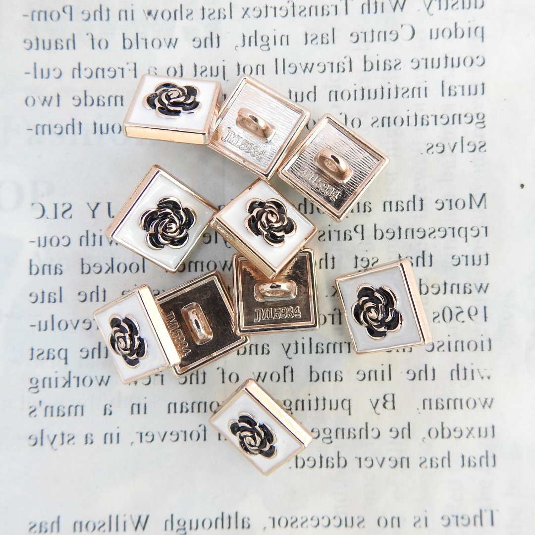Set of 10 Decorative Camellia Buttons for sewing - Square, White, Black, with Shank (15mm) - Good for Button Earrings or Charm Bracelets