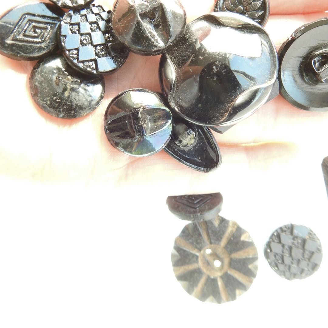 Black antique Czech glass buttons lot, with shine and luster, for sewing on clothing and jewelry. Assortment of 16 vintage buttons. 1930s