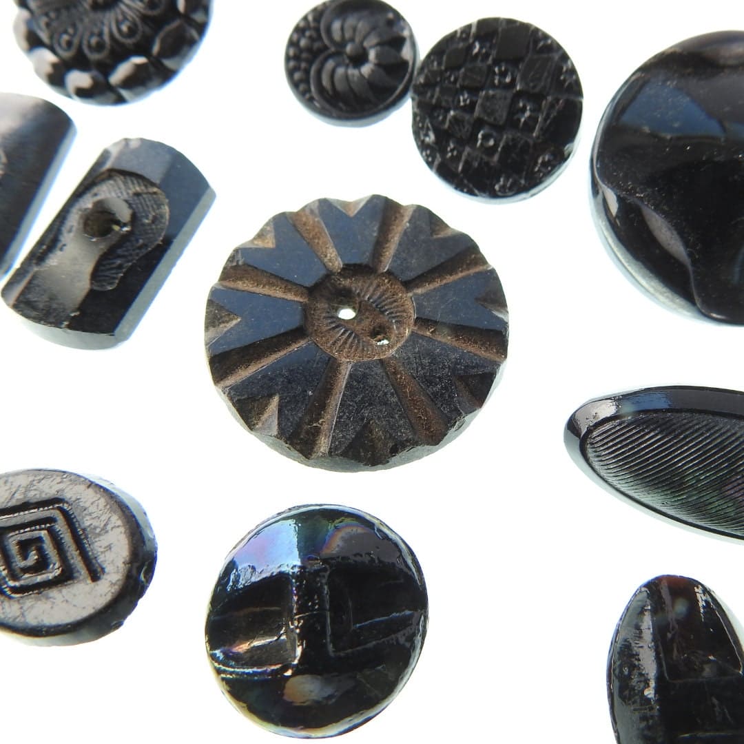 Black antique Czech glass buttons lot, with shine and luster, for sewing on clothing and jewelry. Assortment of 16 vintage buttons. 1930s