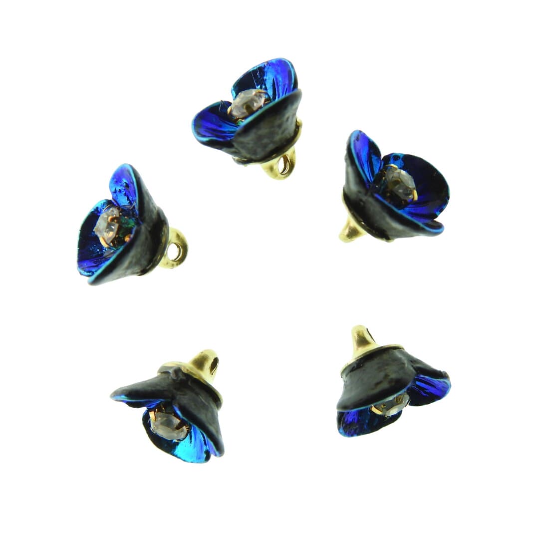 Tiny blue flower-shaped buttons with a shank for sewing and jewelry making. Floral craft components with rhinestones. Set of 5, 10 mm.