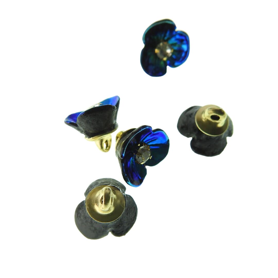 Tiny blue flower-shaped buttons with a shank for sewing and jewelry making. Floral craft components with rhinestones. Set of 5, 10 mm.