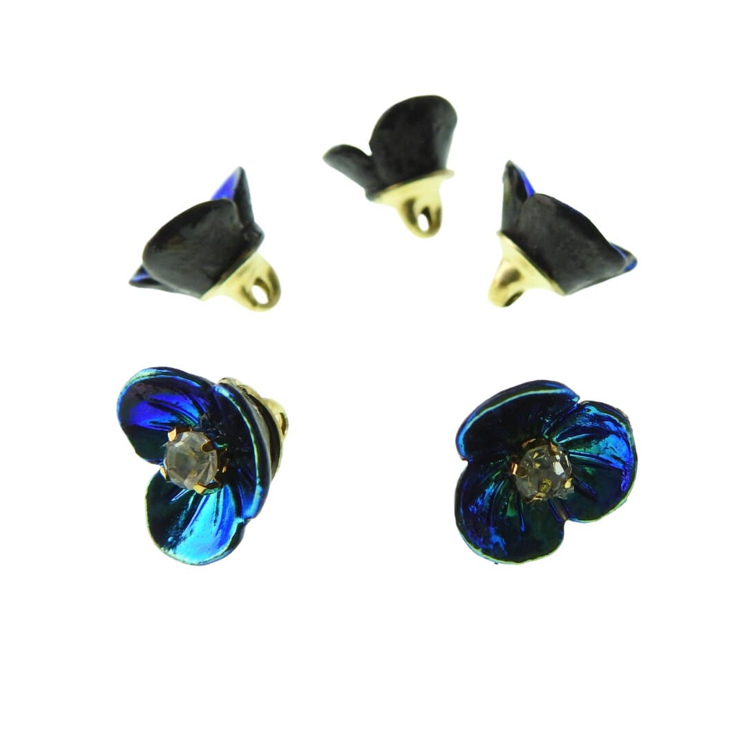 Tiny blue flower-shaped buttons with a shank for sewing and jewelry making. Floral craft components with rhinestones. Set of 5, 10 mm.