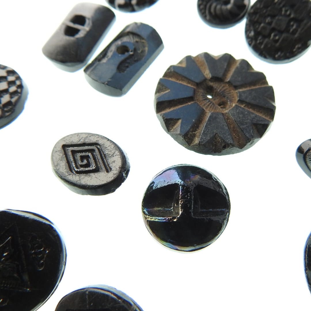 Black antique Czech glass buttons lot, with shine and luster, for sewing on clothing and jewelry. Assortment of 16 vintage buttons. 1930s