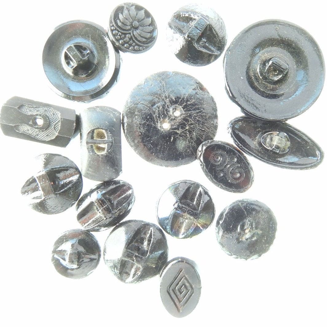 Black antique Czech glass buttons lot, with shine and luster, for sewing on clothing and jewelry. Assortment of 16 vintage buttons. 1930s