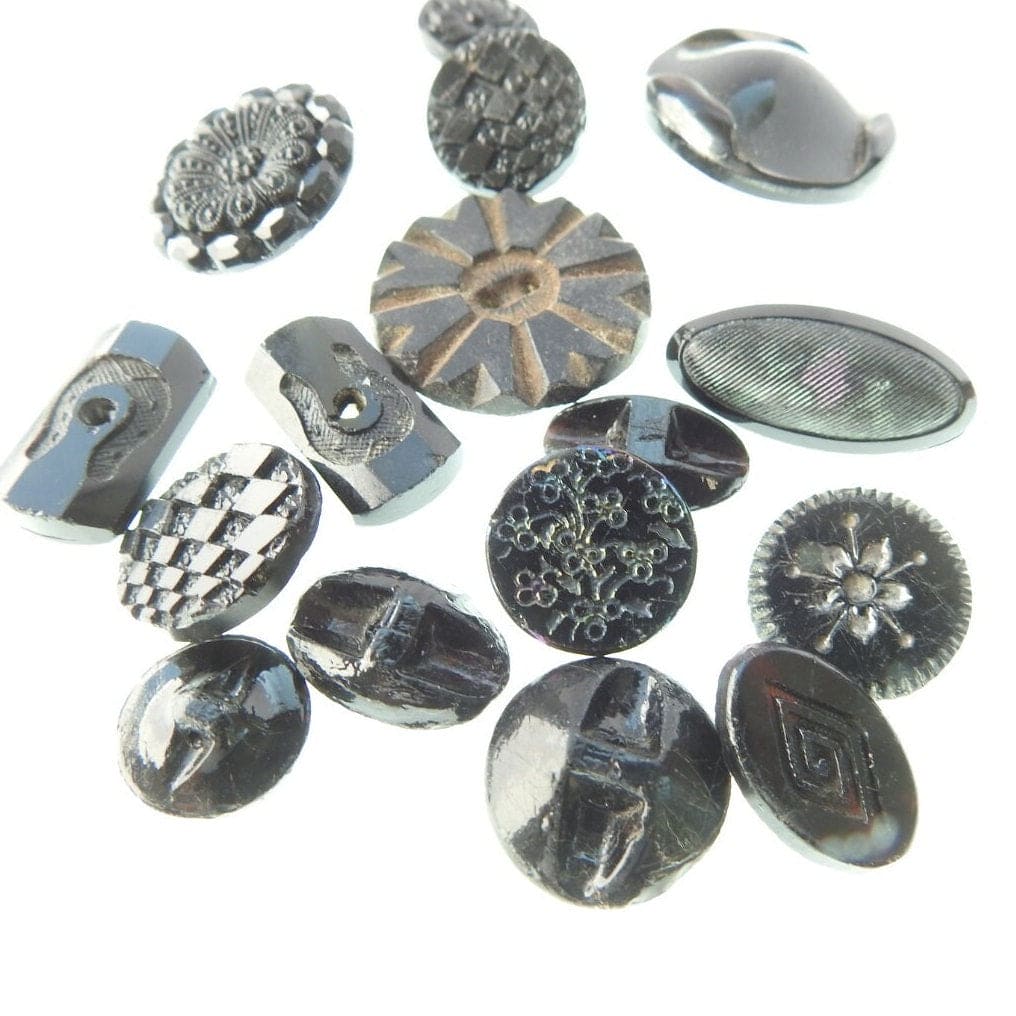 Black antique Czech glass buttons lot, with shine and luster, for sewing on clothing and jewelry. Assortment of 16 vintage buttons. 1930s