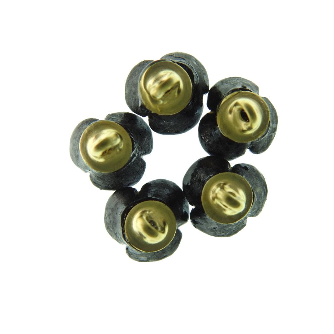Tiny blue flower-shaped buttons with a shank for sewing and jewelry making. Floral craft components with rhinestones. Set of 5, 10 mm.