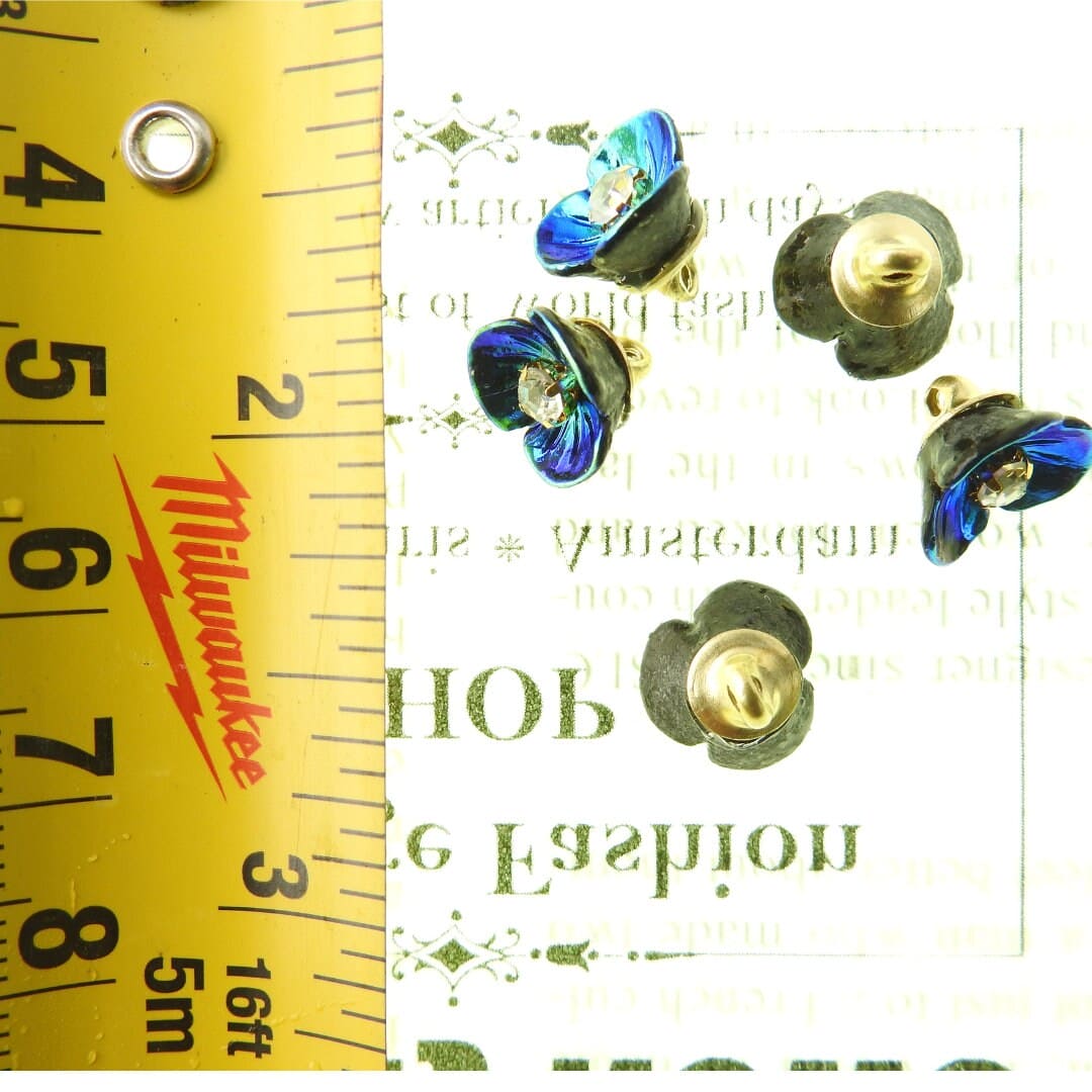 Tiny blue flower-shaped buttons with a shank for sewing and jewelry making. Floral craft components with rhinestones. Set of 5, 10 mm.