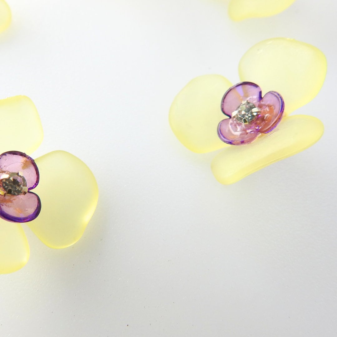 Flower-shaped buttons for clothes. Purple and yellow, with a shank. To sew on cardigans, dresses, and embellished lace. Sewing gifts ideas