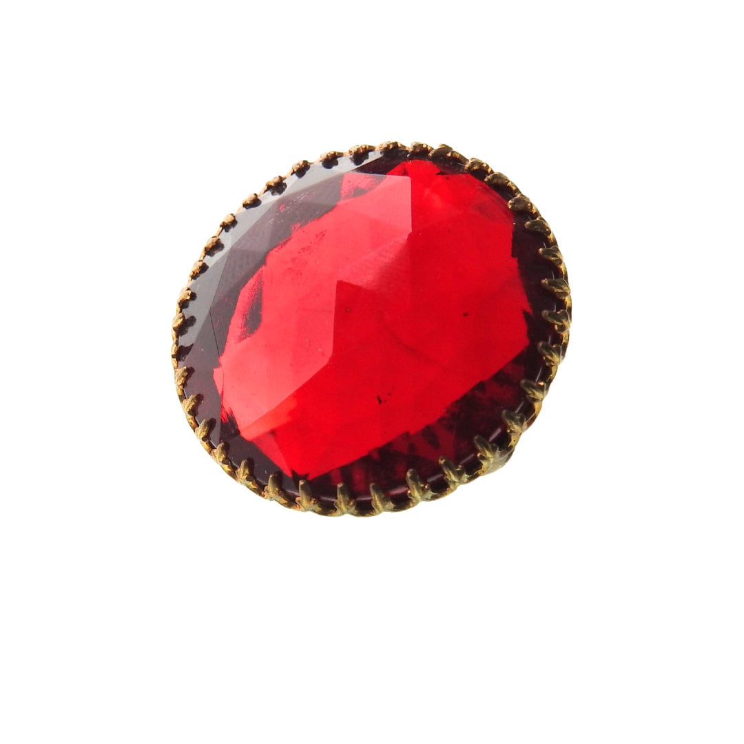 Red vintage crystal brooch. Costume jewelry collar pin. Old rhinestone fashion jewellery piece for women. Cute nana jewelry gifts. 30 mm