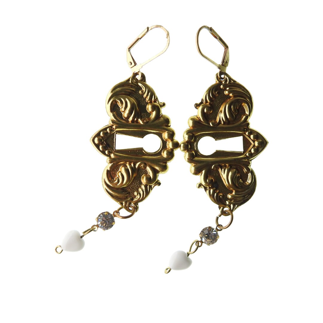 Handmade Antique Keyhole Chandelier Earrings with Rhinestone Connectors - Vintage Style Leverback Dangle Earrings. Best gift ideas or her