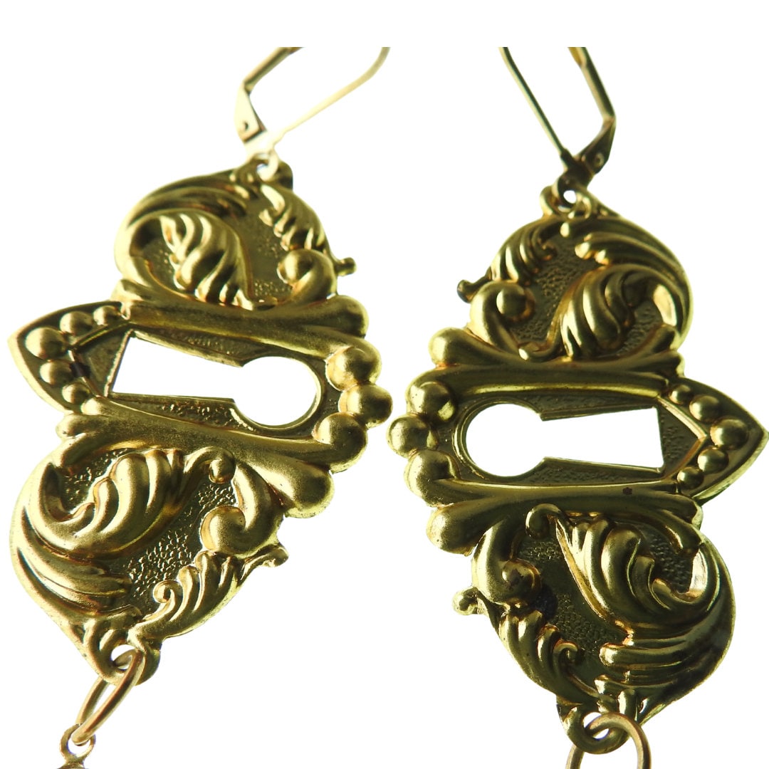 Handmade Antique Keyhole Chandelier Earrings with Rhinestone Connectors - Vintage Style Leverback Dangle Earrings. Best gift ideas or her