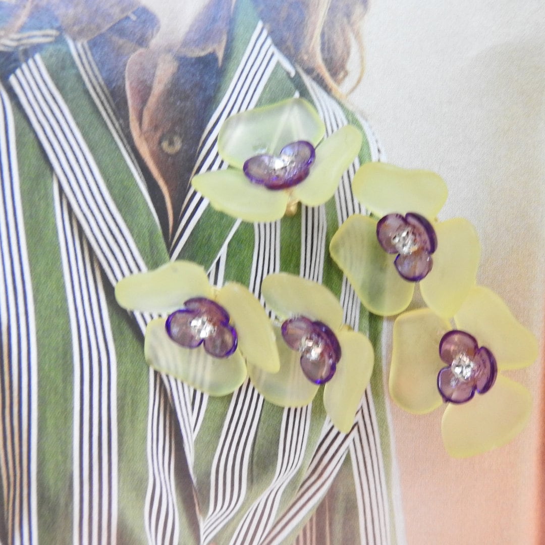 Flower-shaped buttons for clothes. Purple and yellow, with a shank. To sew on cardigans, dresses, and embellished lace. Sewing gifts ideas