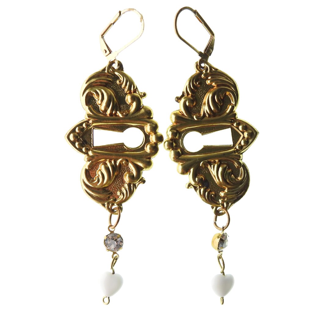 Handmade Antique Keyhole Chandelier Earrings with Rhinestone Connectors - Vintage Style Leverback Dangle Earrings. Best gift ideas or her