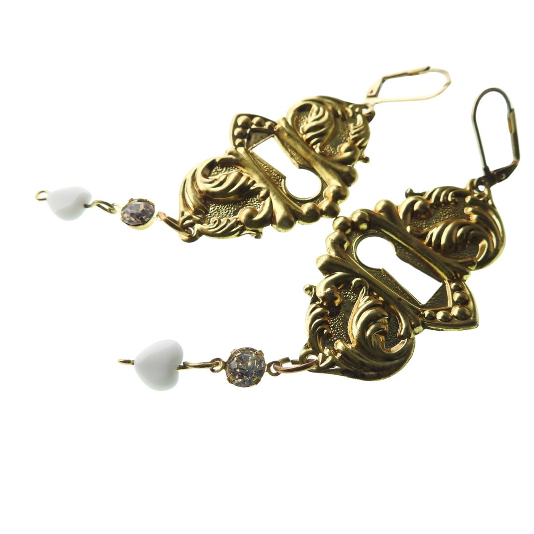 Handmade Antique Keyhole Chandelier Earrings with Rhinestone Connectors - Vintage Style Leverback Dangle Earrings. Best gift ideas or her