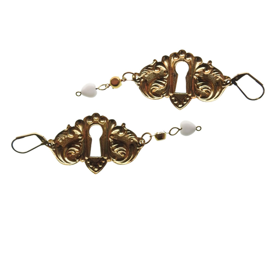 Handmade Antique Keyhole Chandelier Earrings with Rhinestone Connectors - Vintage Style Leverback Dangle Earrings. Best gift ideas or her