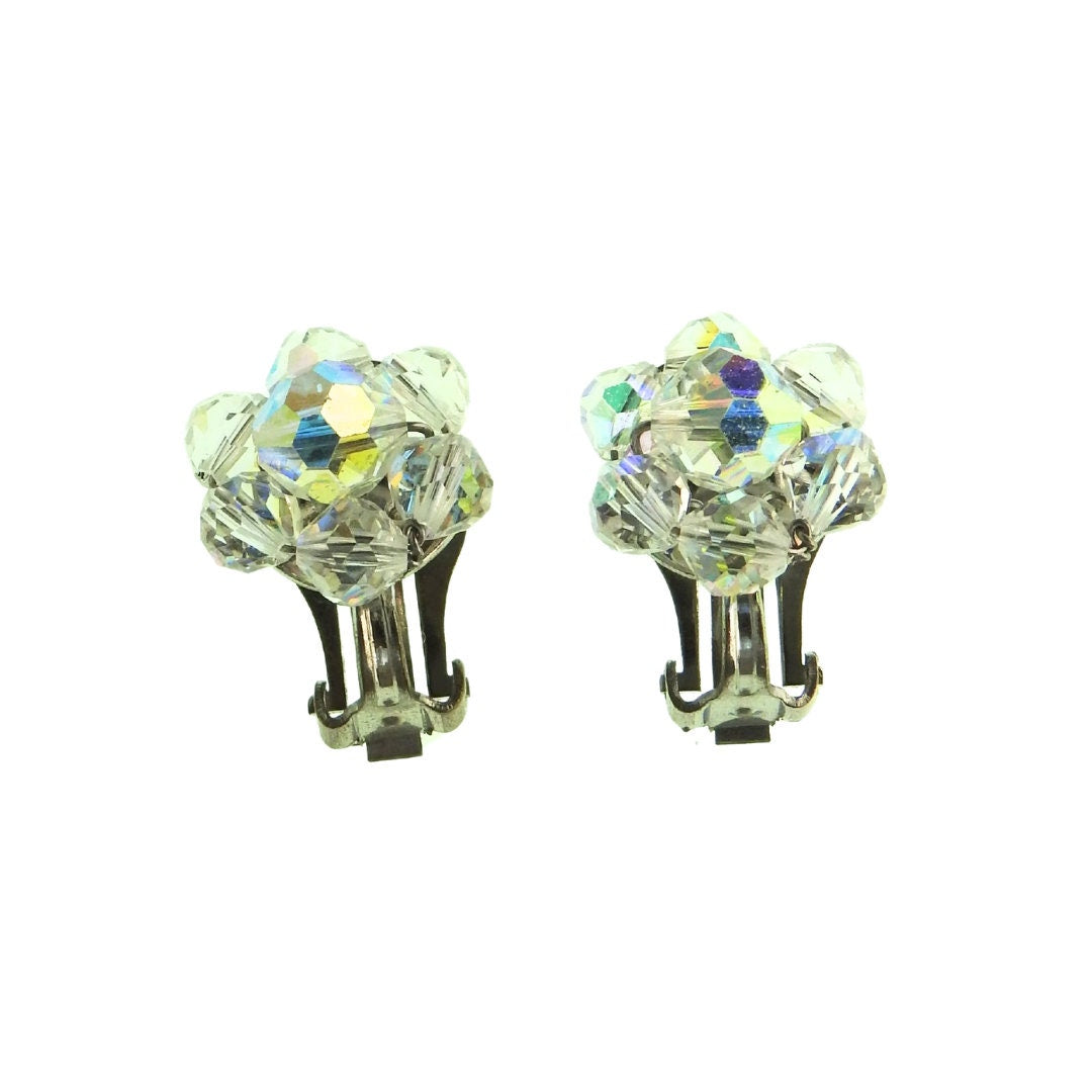 Vintage Clip-On Earrings with Faceted Shimmering Clear Crystal Beads. Perfect Retro Gift for Mom, Sister. Unique Flower Design