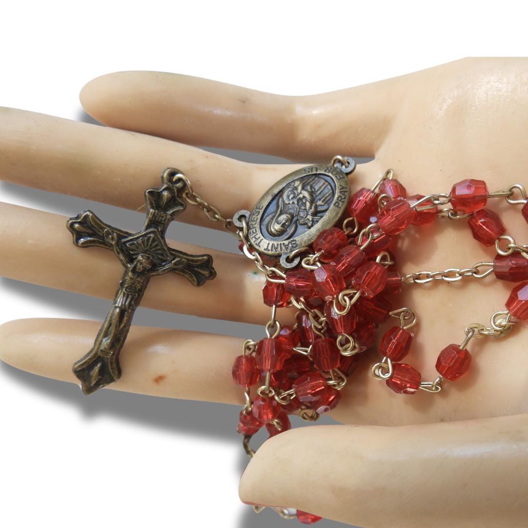 Beaded Rosary Chain Necklace - Ruby Red beaded Lariat - Vintage Gothic beads jewelry - Religious Cristian gift for mom