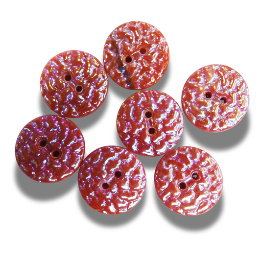 Vintage Czech Glass Buttons – 15mm Red Shimmery Textured Sewing Embellishments (Set of 7)