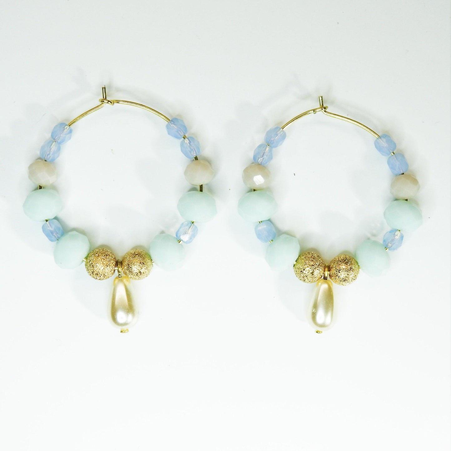 Aqua blue hoops earrings with a cute pearl drop charms. Pretty multi colored gifts ideas for women. Party earrings 30 mm 1.5''