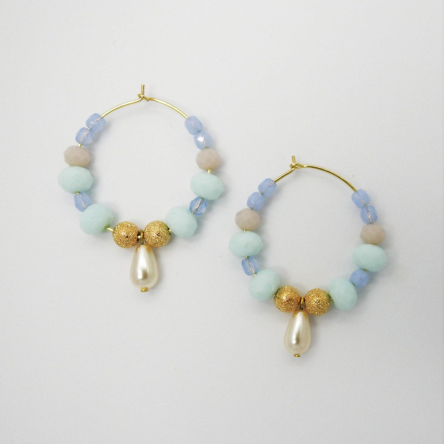 Aqua blue hoops earrings with a cute pearl drop charms. Pretty multi colored gifts ideas for women. Party earrings 30 mm 1.5''