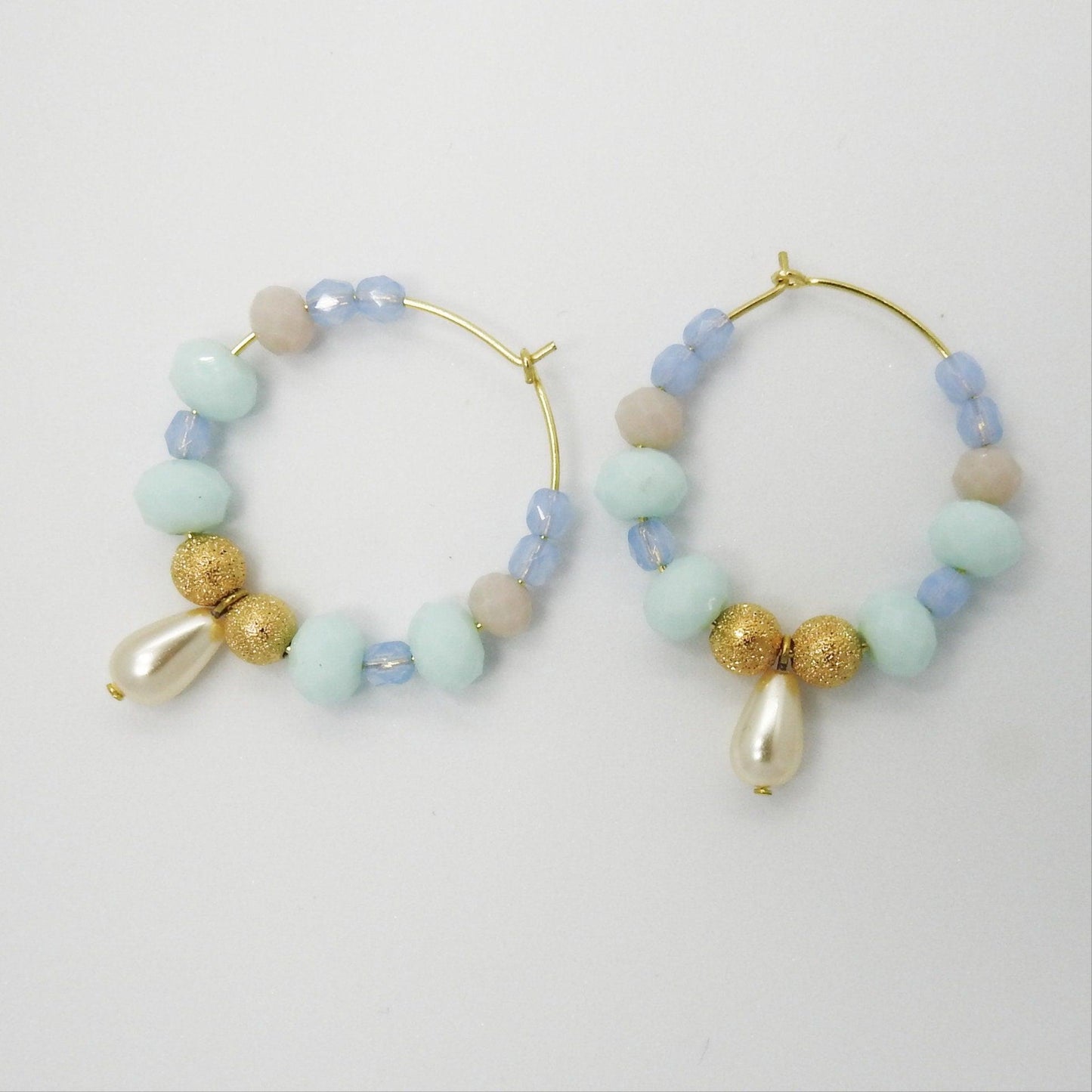 Aqua blue hoops earrings with a cute pearl drop charms. Pretty multi colored gifts ideas for women. Party earrings 30 mm 1.5''