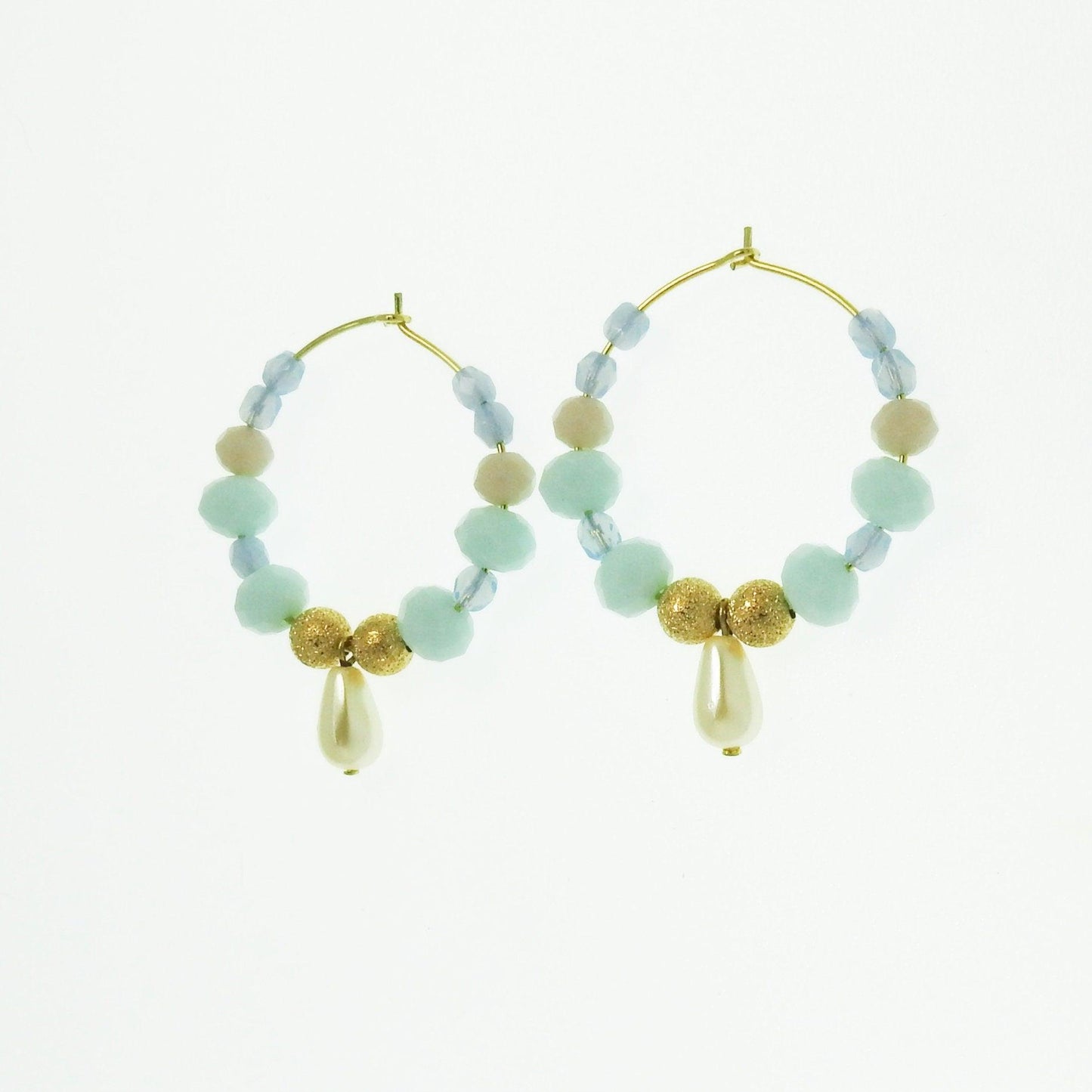 Aqua blue hoops earrings with a cute pearl drop charms. Pretty multi colored gifts ideas for women. Party earrings 30 mm 1.5''