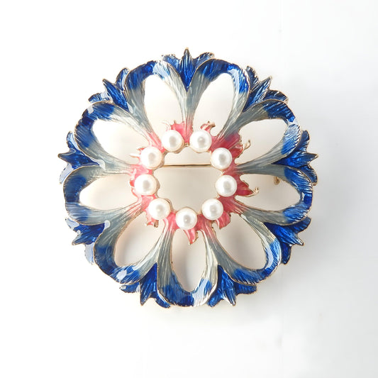 Round blue pearl brooch for women. Embellishment for a wedding bouquet and formal events. Something blue gift for bride. 50 mm, 2 inches