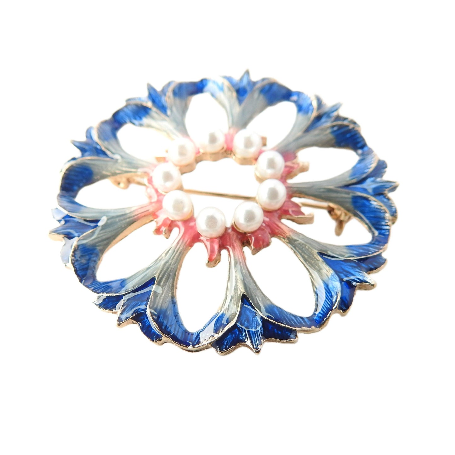 Round blue pearl brooch for women. Embellishment for a wedding bouquet and formal events. Something blue gift for bride. 50 mm, 2 inches