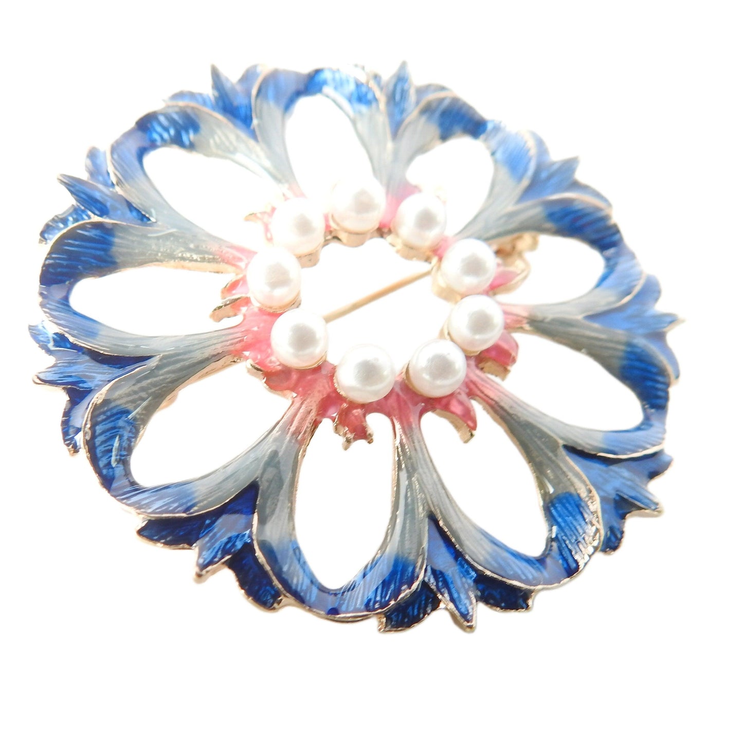 Round blue pearl brooch for women. Embellishment for a wedding bouquet and formal events. Something blue gift for bride. 50 mm, 2 inches