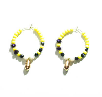 Bright beaded earrings hoop with cute neon yellow, dark purple, white and black beads, and pretty copper bronze-colored teardrop. 30 mm