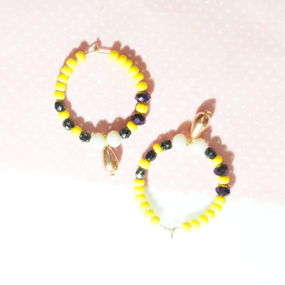 Bright beaded earrings hoop with cute neon yellow, dark purple, white and black beads, and pretty copper bronze-colored teardrop. 30 mm