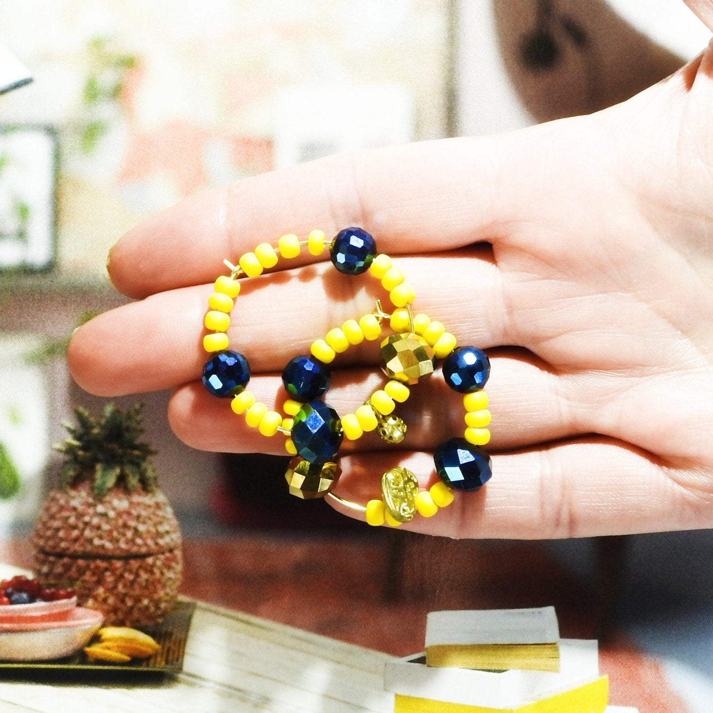 Electric blue earrings hoops with sunny yellow and indigo flashy beads. Eye-catching, boho, dangly with vibrant colors. Handmade, 30 mm