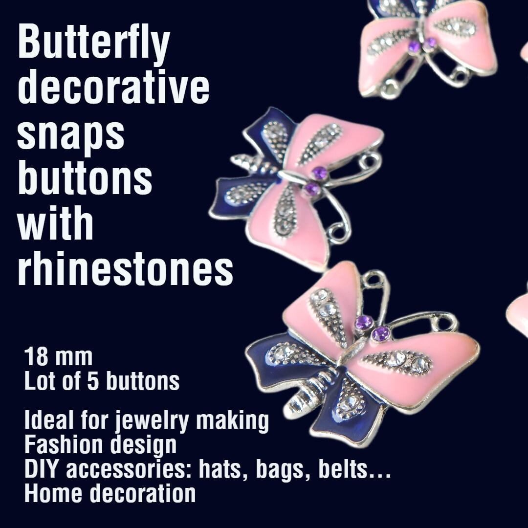 Pink purple butterfly button snaps for jewelry, purse, coat, and leather bracelet. 18 mm for a lot of 5 fasteners. Embellishments for clutch